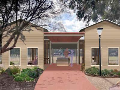 A concept design of the down building from the playground with the oval in the background